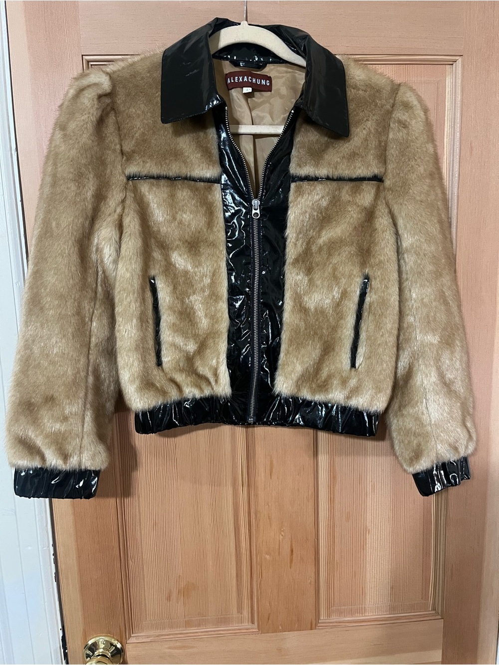 Tan Faux-Fur Jacket with Black Patent Trim